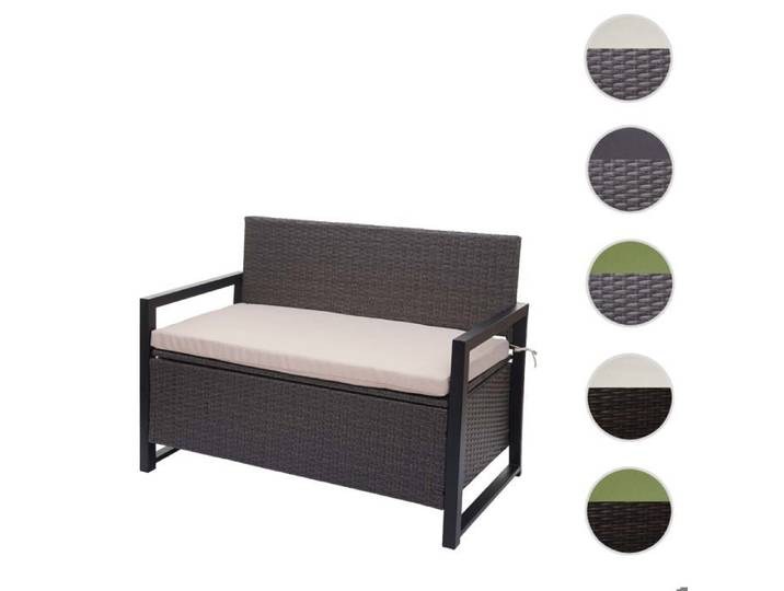 Banc 2 places en poly rotin MCW-F39 banc coffre ~ gris coussins beige