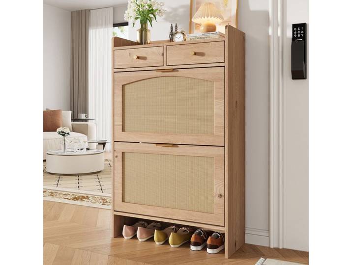 SENVIRO Meuble à chaussures étroit 65 x 25 x 106 cm effet rotin 2 tiroirs