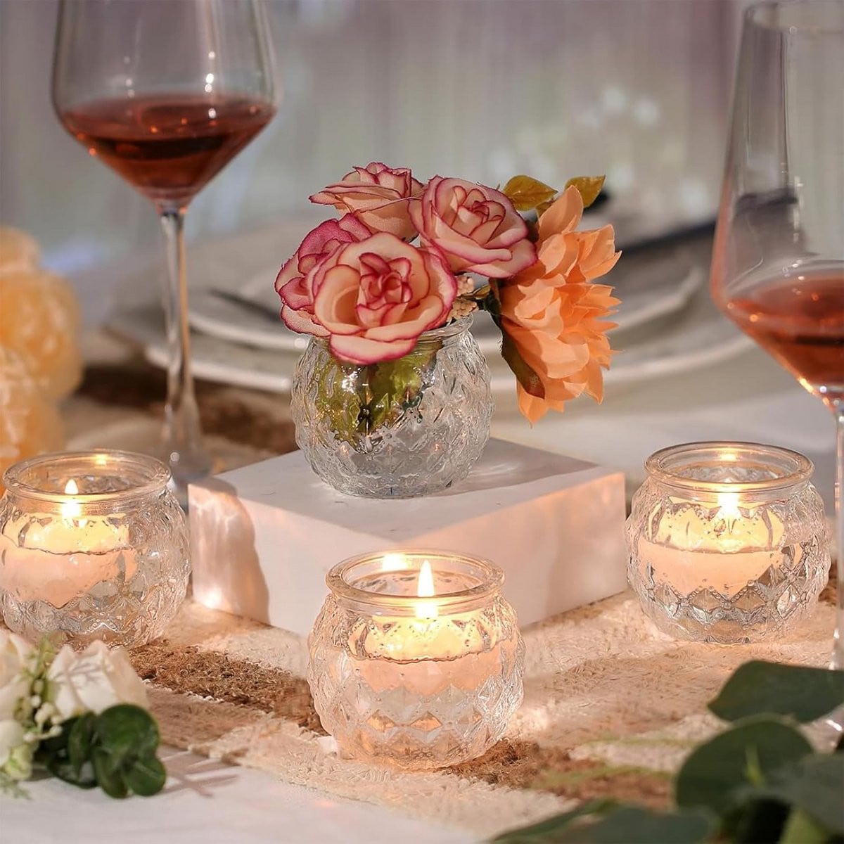 12x Glazen Theelichthouders Transparant - Vintage Theelichtjes voor Sfeer & Decoratie
