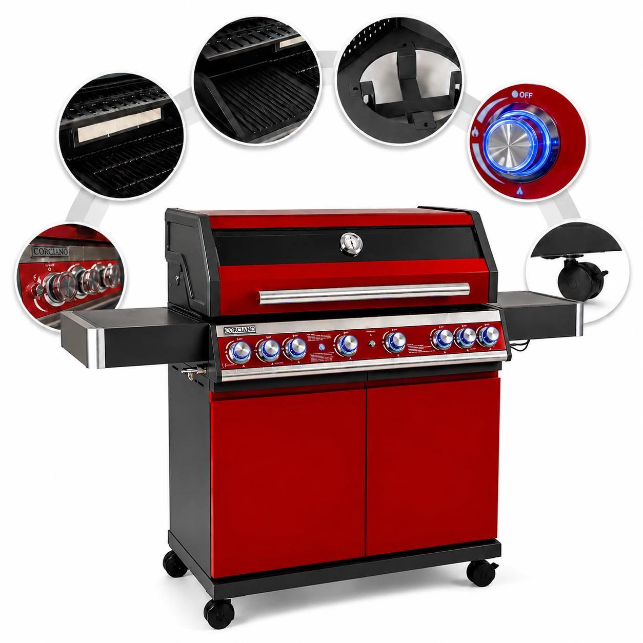 Corciano Premium Gasgrill 8 Brenner mit Sichtfenster und Gusseisenrost Rot