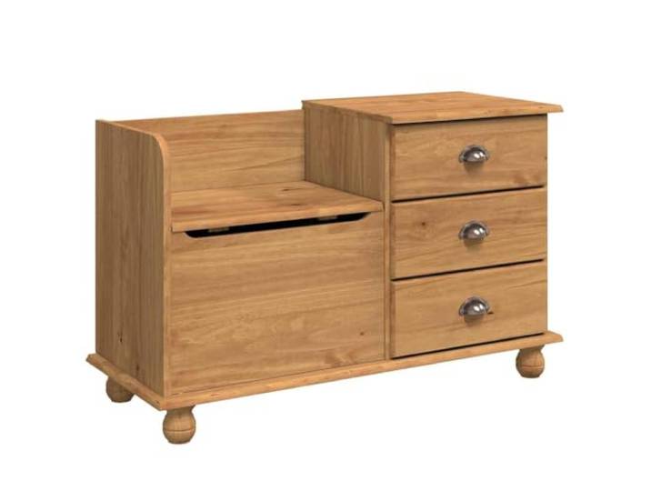 ASKIM Aufbewahrungsbank, braun, 100 x 39 x 62 cm, aus massivem Kiefernholz Drei Schubladen, Tassengriffe, Untersitzfach, Beine aus Bund, Beine aus massivem Kiefernholz, schlichtes modernes Design