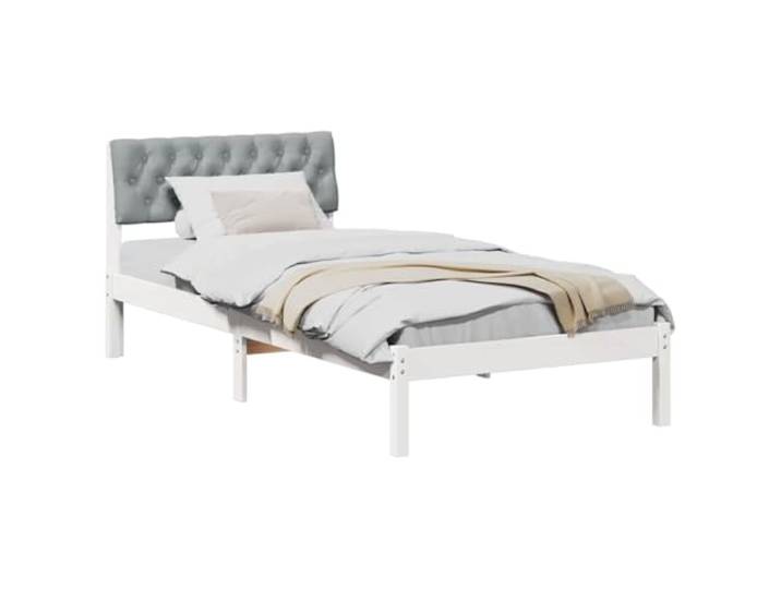 KTHLBRH Bettgestell, 90 x 190 cm, Weiß und Hellgrau Massives Kiefernholz, gepolsterter Kopfteil, zeitgenössisches Design, einfache Pflege