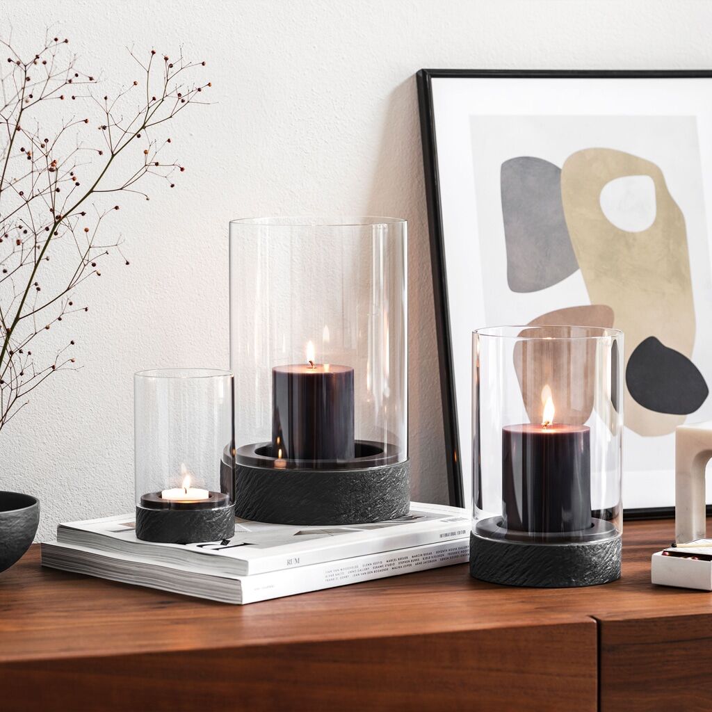 Windlicht VILLEROY & BOCH "Windlicht Manufacture Rock Home 20 cm schwarz", schwarz, Kerzenhalter, Windlicht