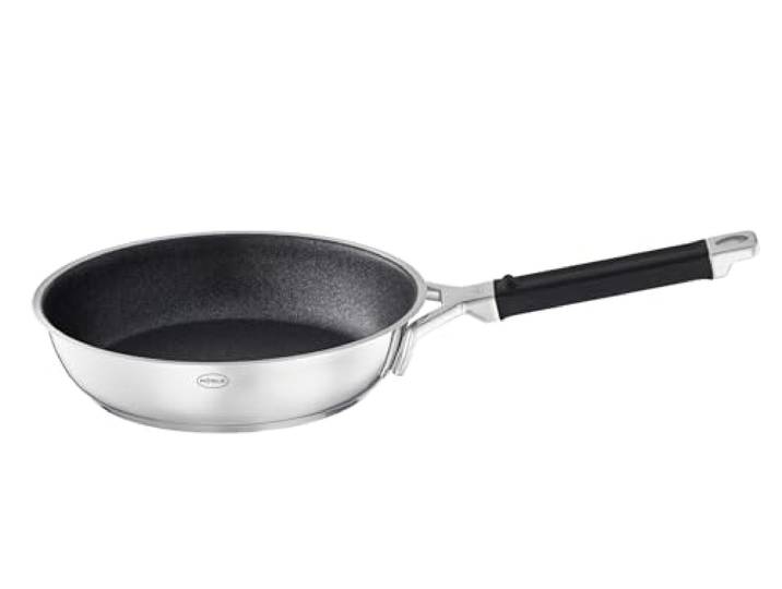 RÖSLE SILENCE PRO Bratpfanne, Pfanne mit kratzfester Premium-Antihaftversiegelung ProResist, Silikongriff, 28 cm, Edelstahl 18/10, induktionsgeeignet, spülmaschinengeeignet, Silberfarben/Schwarz