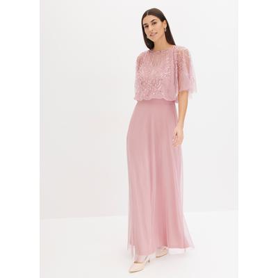 Maxikleid BONPRIX, Damen, Gr. 42, N-Gr, Kurzarm, rosa (pink (länge: regulär)), Obermaterial: 100% Polyester. Futter: 100% Polyester, festlich, ausgestellt, Kleider Maxikleid, für Abiball, Festtage und Hochzeiten, aus feinem Tüll