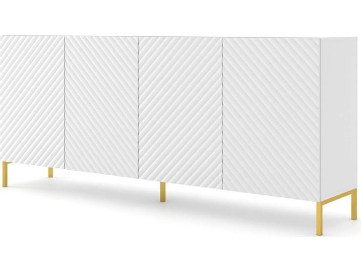 Commode SURF 4D 200 cm BLANC MATT Sideboard MDF 4 portes avec façades fraisées Highboard armoire buffet BEINE GOLDEN