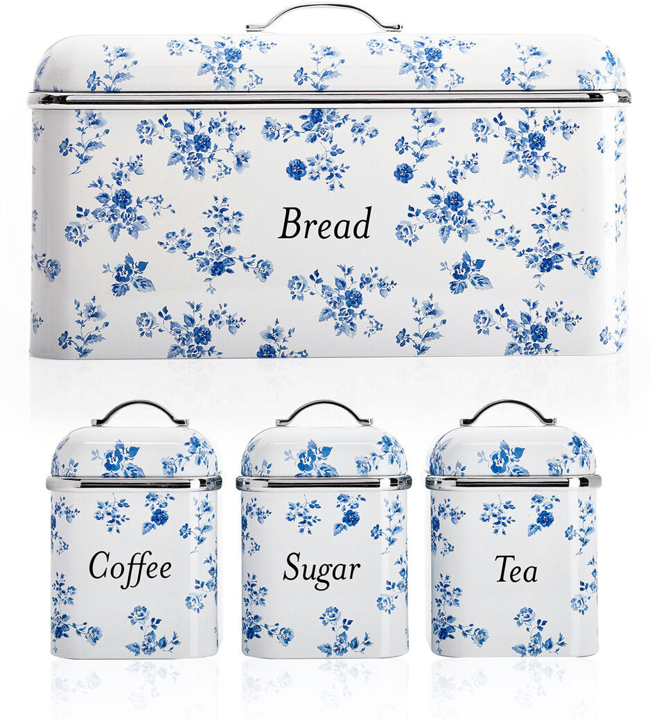 Lily Manor Laura Ashley Bread Bin Removable Lid, Stainless Steel and Set of 3 Canisters With Hand Applied Print, China Rose White