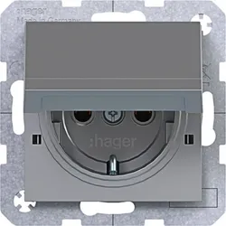 Hager Steckdose SCHUKO mit Klappdeckel, Feder, arretierbar, IP44 fähig, Steckklemmen, A/C, Titan metallisch, lackiert
