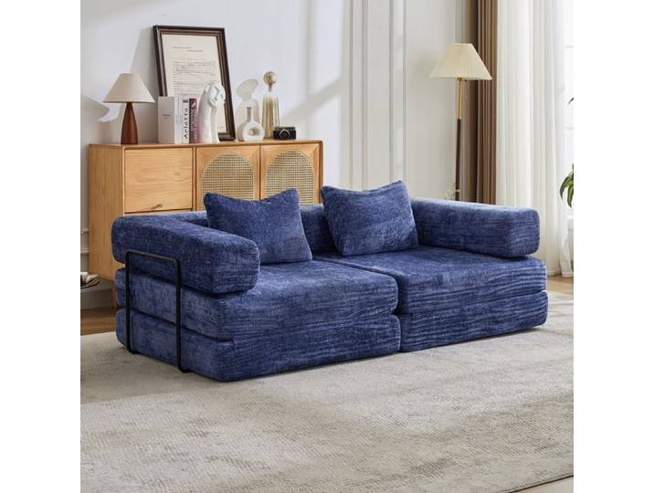 ELVORIN Canapé convertible 2 places 200 x 100 x 63 cm chenille bleu foncé sans montage