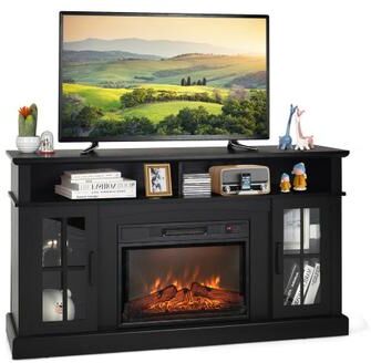 Costway Fireplace TV Stand for TVs Up to 65 Inch with Side Cabinets and Remote Control-Black