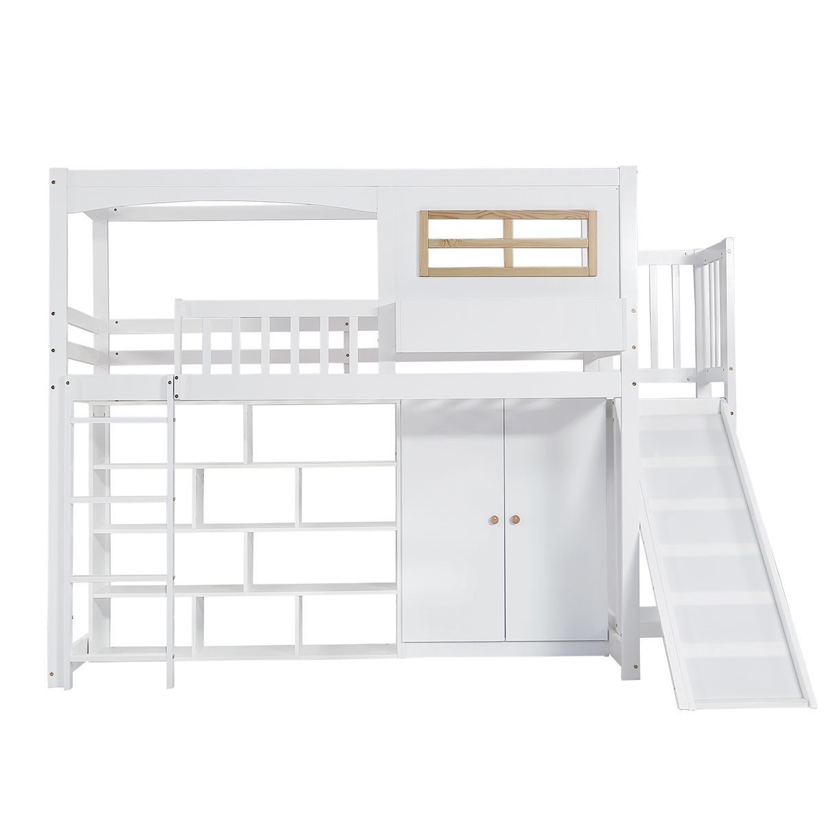 Kinderbett mit Fallschutzgitter Kinderrutsche und Kleiderschrank und Vierstufiger Leiter Etagenbett Hausbett Jugendbett 90x200cm Weiß