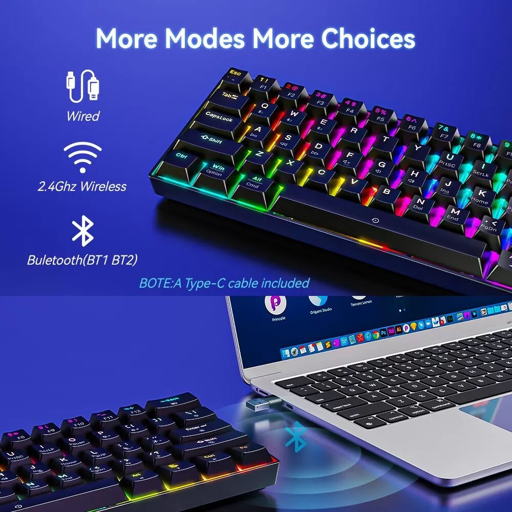 INF Clavier Mécanique RGB Noir 61 Touches - Bluetooth 3 Modes Rechargeable avec Switches Rouges