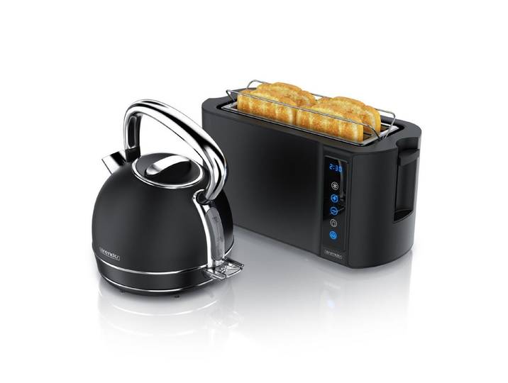 Arendo Frühstücks-Set Edelstahl Wasserkocher 1,7l, 4-Scheiben Langschlitz Toaster, schwarz (2-tlg), Wasserkocher Temperatureinstellung, Toaster Brötchenaufsatz, Touch