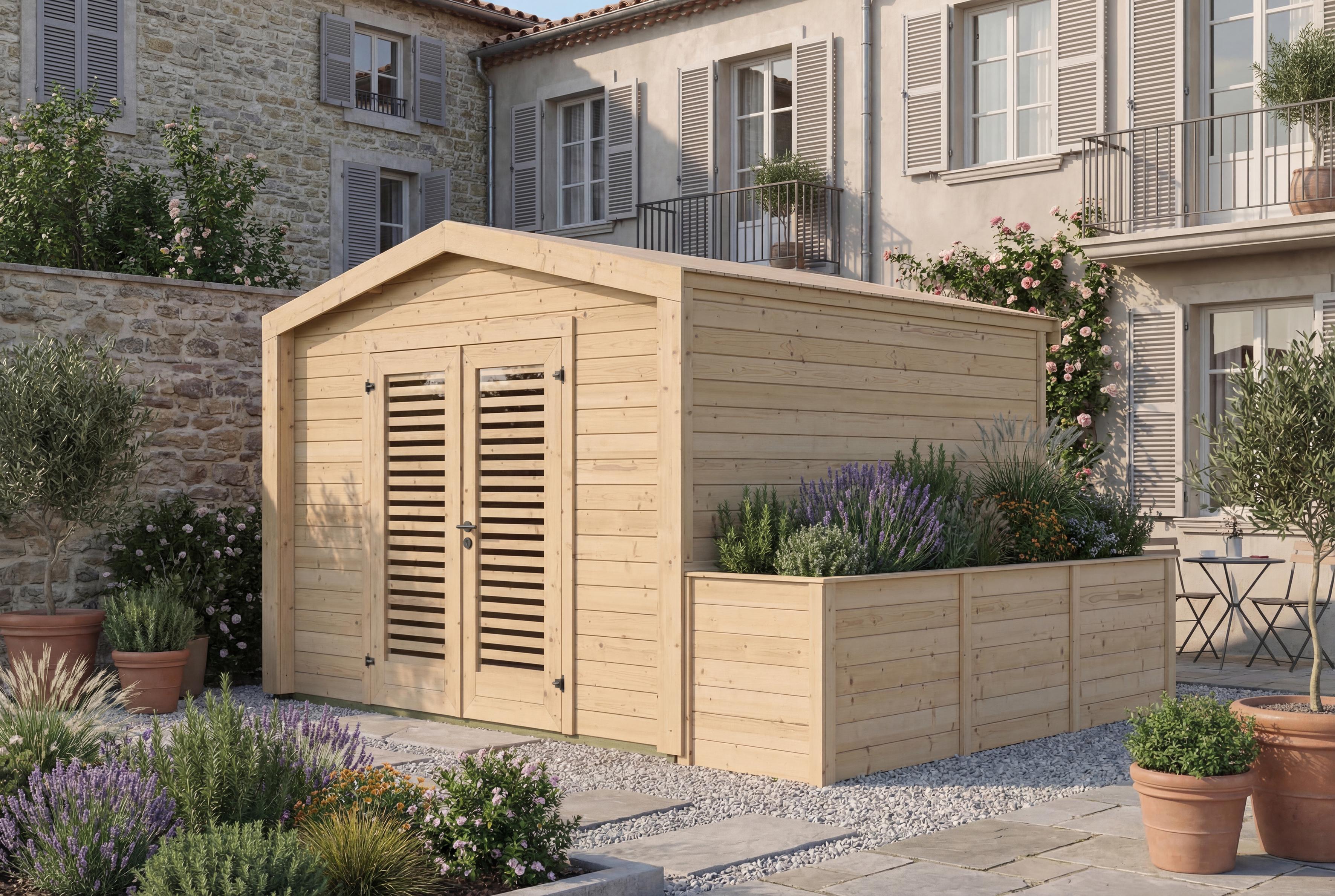 Gartenhaus Killarney, 300x300cm, Naturbelassen, 28mm, Hochbeet