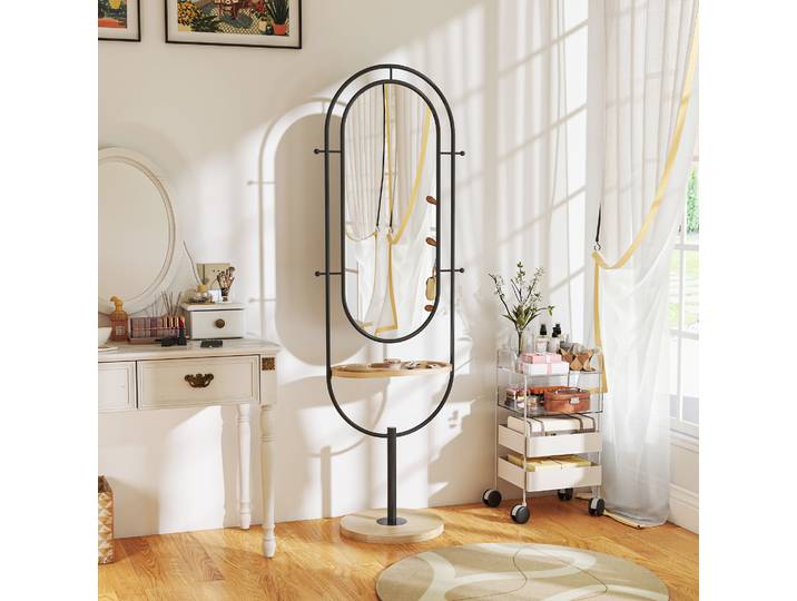 HOMCOM Miroir sur Pied Ovale avec Plateau Bois et Cadre Métal Noir