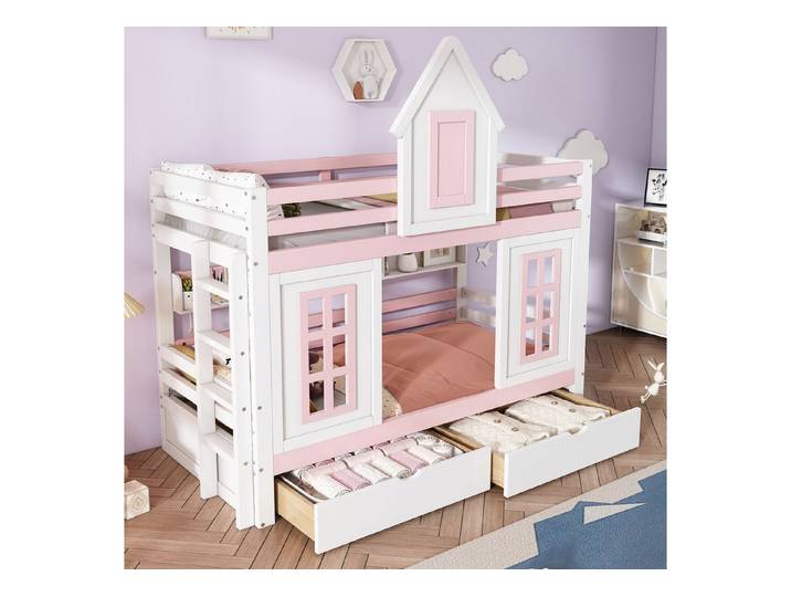 i@home Kinderbett Baumhaus mit Speicherung und Rausfallschutz Etagenbett (mit Fallschutzgitter, stabiles Geländer, 2-tlg), Prinzessinnenbett mit Dach und Fenster 90 x 200 cm
