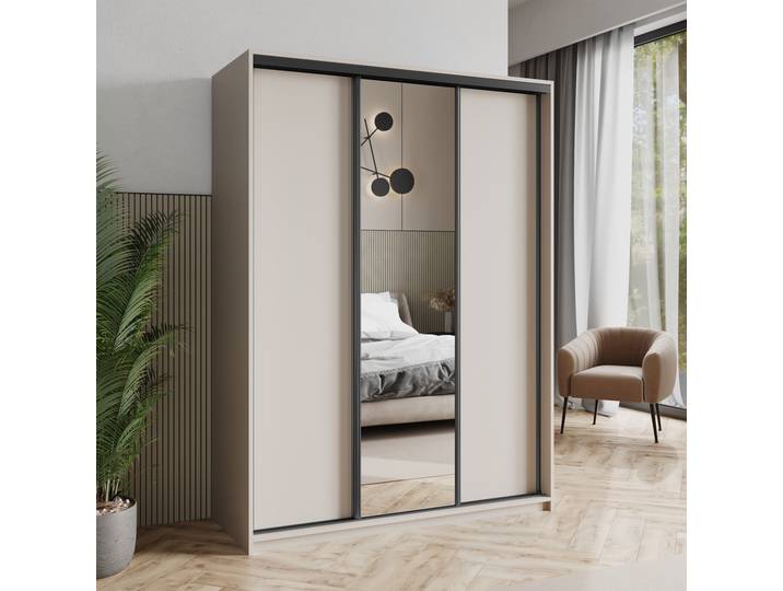 Masseno Schiebetürenschrank TAVI 150/205/60cm 3-türig mit Spiegel Kaschmir
