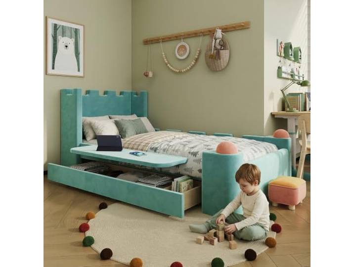 I0I&I0I Kinder Polsterbett Doppelbett Mit Stauraum Klappbare Seitenablage Burg Design Weiche Kanten Fürs Kinderzimmer (Blue+Green + Wood+Fabric + 90cm*200cm)