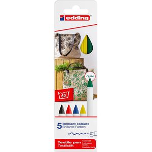 Edding Textilmarker 4600 Basic, farbig sortiert, Strichbreite 1mm, waschfest bis 60 Grad, 5 Stück