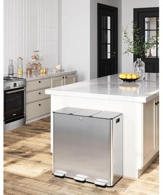 Garvee 15.8 Gal Triple Compartment Trash Can, Stainless Steel Step Recycling Bin with Soft-Close Lids for Kitchen