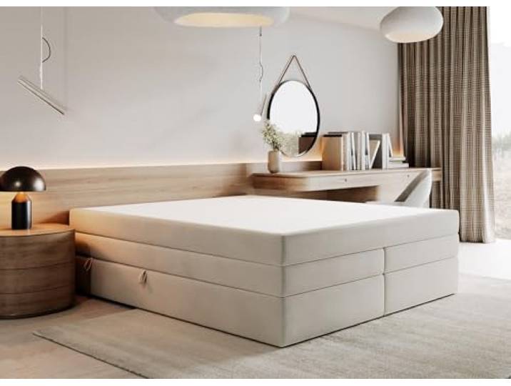 Bett 180x200, Matratzen Bonell, Pocket, Oeko-TEX Zertifikat Hellbeige Betten mit Zwei Matratzen und Pocket, Boxspringbett mit Bettkasten, EU-Herstellung, Kollektion Luxor
