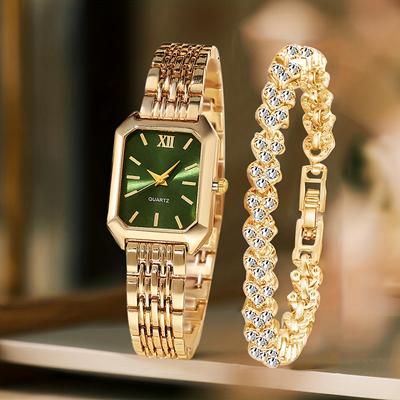 Fusion Finds Luxury Women's Quartz Watch Set With Rhinestone Bracelet & Rectangle Roman Dial Dress Watch gold Green Kit