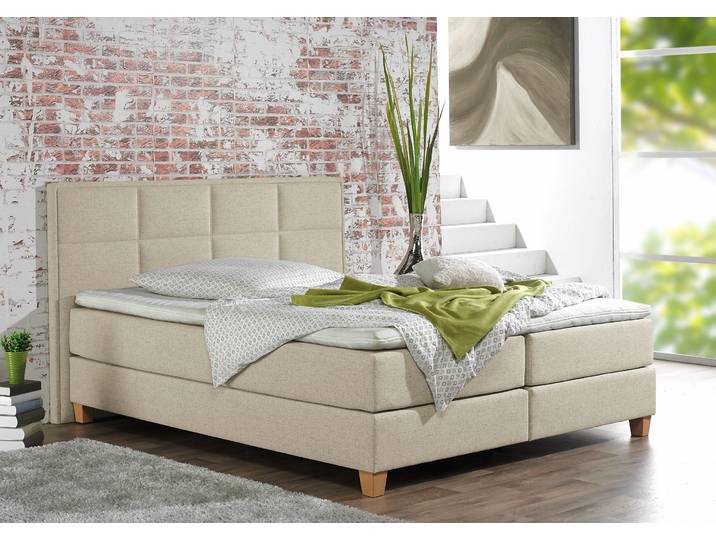 Boxspringbett, Beige, 191x209 cm, Struktur Fein (100% Polyester), Mit Topper, Klassisch, Home-affaire