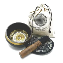 Hand Beaten & Engraved Singing Bowl Gift Set - 14cm - Round Medallions