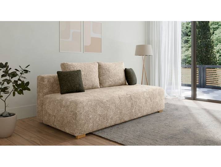 MOEBLO Schlafsofa MOSS, Funktionssofa mit Bettfunktion, Stauraum, Bouclé-Bezug & Rückenkissen, Couch Polstermöbel Sitzmöbel Wohnzimmermöbel 3-Sitzer-Sofa Stoffsofa, dekorativer Kissen, (BxHxT):200x90x100 cm