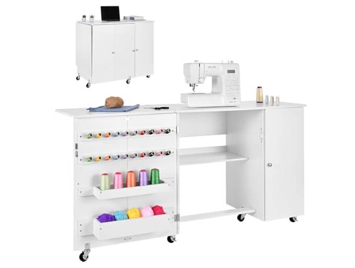 VEVOR Nähtisch Nähschrank mit Rädern & Holzrahmen & Ablagefächer & magnetischer Tür, Nähmaschinentisch Mehrzwecktisch 40 kg belastbar für Bastelstation und Beistelltisch weiß