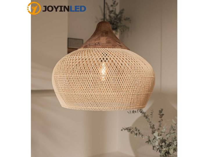 Lustre en rotin de style japonais JOYINLED, grand lustre en osier beige fait à la main pour salon, salle à manger, restaurant