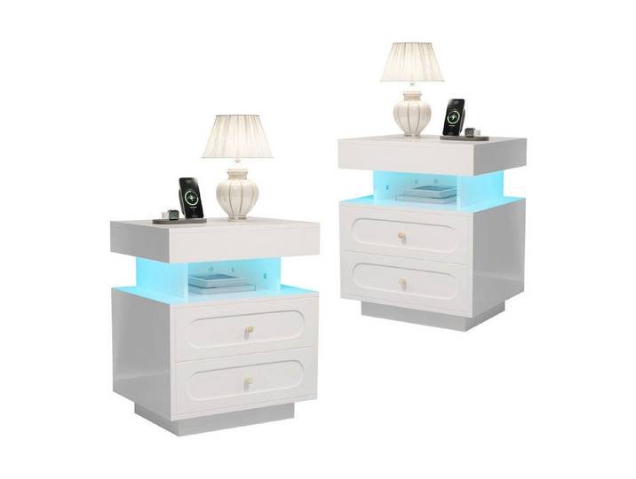 STILVORA Nachttisch mit Lagerraum,2er-Set Nachttisch Nachtschrank mit Schubladen&LED (mit LED-Beleuchtung – Weiß, 2-St., B50/D40/H60 cm)
