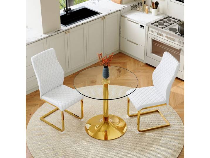Ensemble table et chaises modernes - Table ronde en verre - Diamètre 85 cm - Supports métalliques dorés