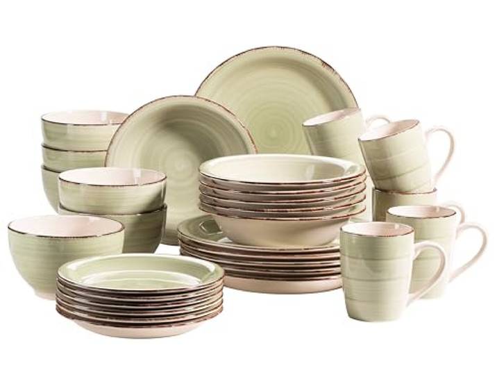 MÄSER 931616 Bel Tempo II 30-teiliges Vintage Geschirr Set für 6 Personen, handbemaltes Keramik Kombiservice in Grün, Steingut