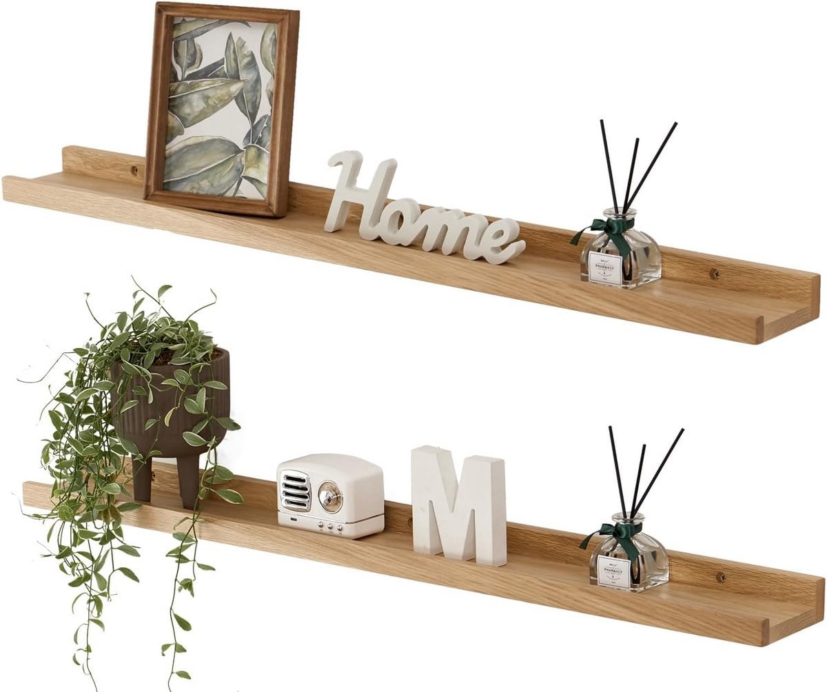 Drijvende Wandplank van Massief Eikenhout met Lip voor Decoratie en Opslag