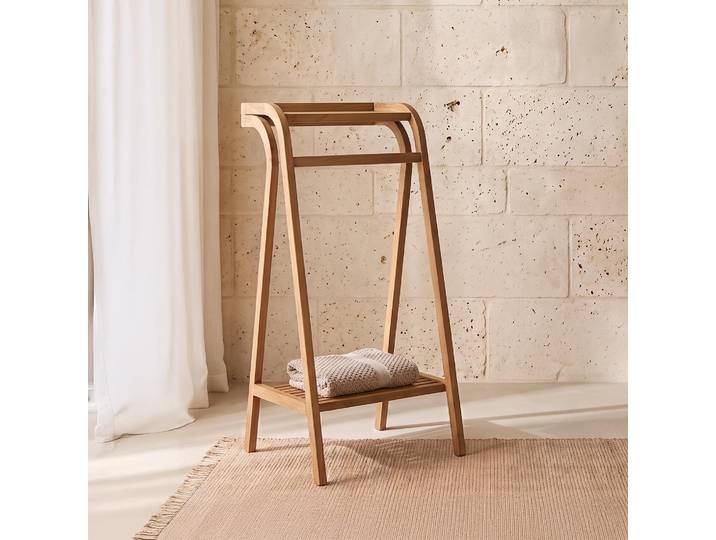 Porte serviettes de salle de bain sur pied en bois massif de teck - Avani