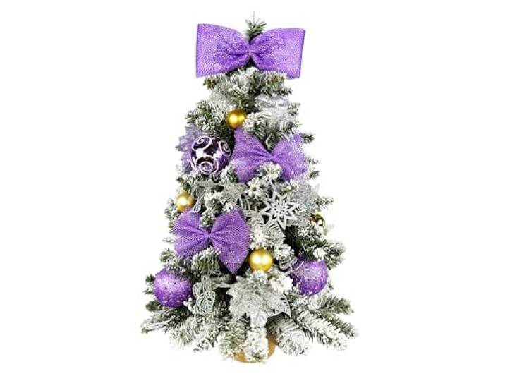 LAALU Künstlicher Weihnachtsbaum 60 cm mit LED-Beleuchtung – VIOLETTHARMONIE – mit 28 Weihnachtsbaumschmuck – Pflanztopf mit Jutesack