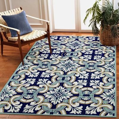Liora Manne "Lush Decor Ravella Floral Tile Indoor/Outdoor Rug Navy 7'6"" x 9'6"""