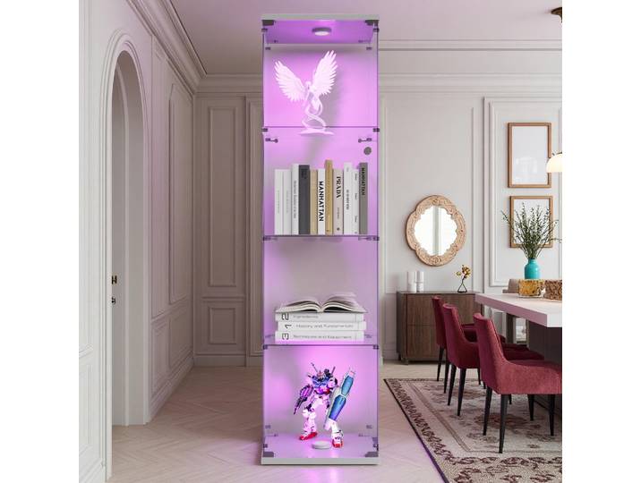 Vitrine en Verre avec LED Armoir de Vitrine pour Collection Moderne avec 4 étagères en Verre Vitrine en verre blanc avec serrure