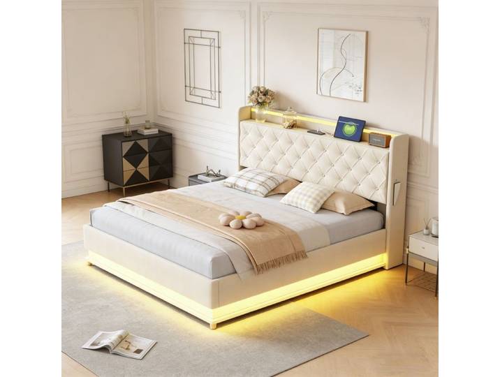 Lit Coffre - NEXU - 160x200 cm - Lin Beige - Sommier Inclus - LED Intégré