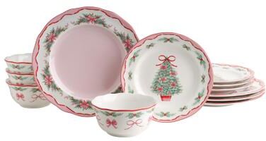 222 Fifth Pinkmas 12-Piece Porcelain Dinnerware Set for 4, White/Pink Christmas Ceramic Dishes