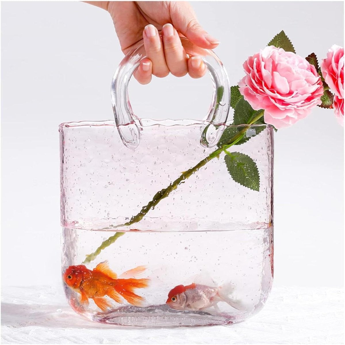 Handgeblazen glazen handtas vaas voor bloemen - Roze - Hoogte: 26 cm