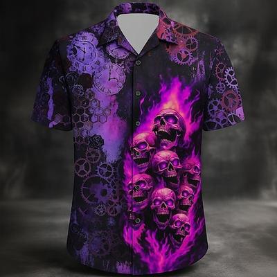 Herren Totenkopf Flamme Kostüme Hemd Kuba Kragen Hemd Knopf Hemd Kurzarm Dunkel Gothic Stil Feiertag Sommer Camp Kragen Hemd 3D Druck Lila
