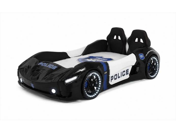 JVmoebel Autobett Autobett Police Rennwagen Kinderbett LED Beleuchtung Schwarz, Made in Europa