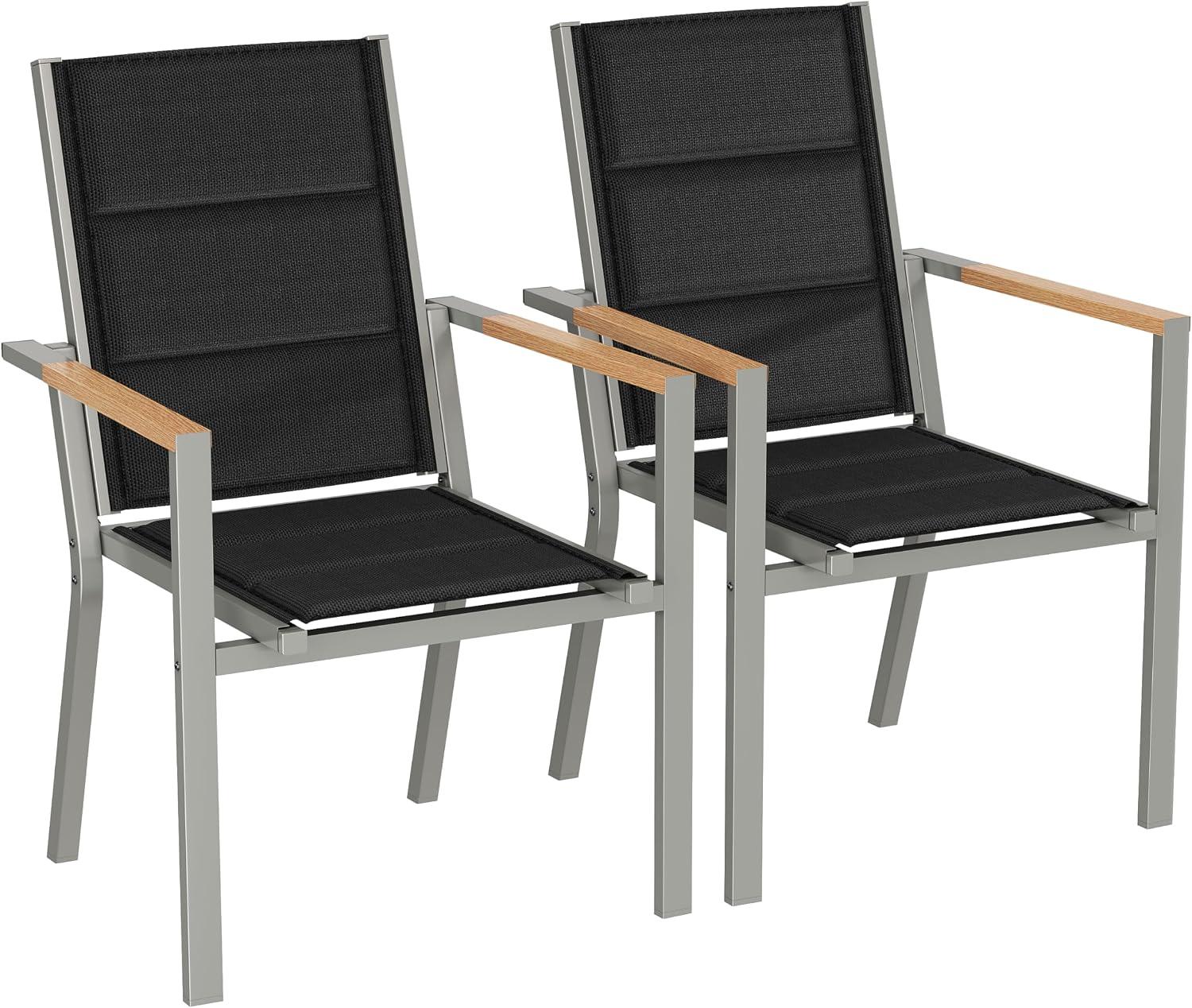 Devoko Gartenstuhl Set 2, Stapelbare Aluminium Esszimmerstühle, Maximale Belastung 160kg, Balkonstühle, Für Garten, Pool, Terrasse, Esszimmer, Gartenmöbel, Hellgrau & Holz
