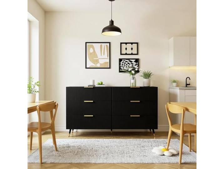 FurnitureR Black Unbewegliche Kücheninsel, Moderner Stil, Geräumige Aufbewahrung, Robustes Spanplattenmaterial, Elegante Messingakzente, 6-Schubladenkonstruktion, Vielseitige Raumnutzung