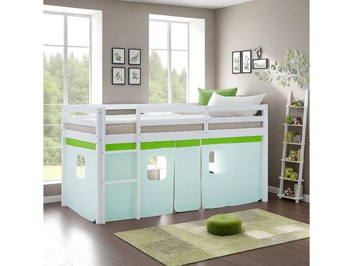 Homestyle4u Hochbett 90x200 Weiß - Kinderbett mit Vorhang Grün & Leiter Massivholz Kiefer Spielbett inkl. Lattenrost - Rausfallschutz & Spielhöhle - Leiter beidseitig montierbar - Modernes Design