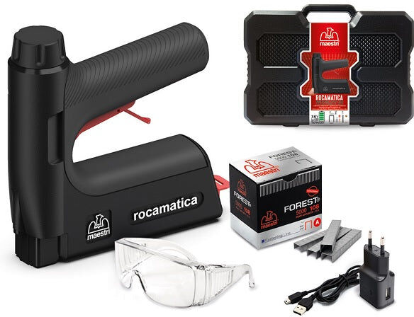 Romeo Maestri Rocamatica 114 Fissatrice a batteria ricaricabile USB 3,7V 2,0Ah graffette 110 mm
