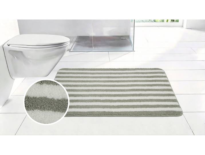 Badematte GOODPRODUCT Streifen, Jannika, Badvorleger, Badezimmer Teppich , grau (salbei, weiß), H:12mm, Polyester, Badematten, Badematte, Scandi, modern, gestreift, Badteppich, Badematten