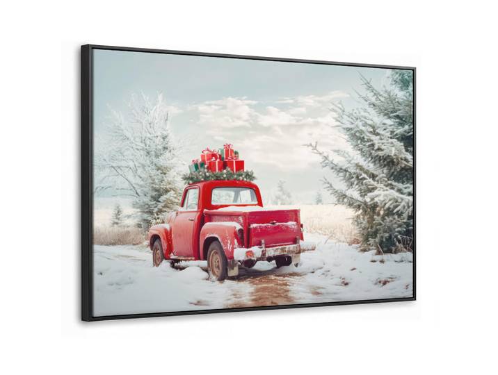 MuchoWow Leinwand Bilder mit Rahmen - Auto - Rot - Geschenke - Winter - Schnee - Weihnachten - 150x100, Rechteckig, 150x100 cm, gerahmt, Bilder & Rahmen, Bilder, Leinwandbilder